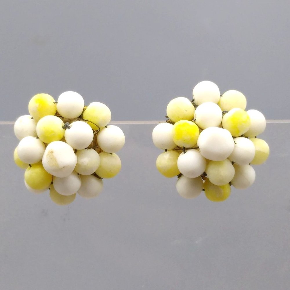 Vintage Bead Cluster Earrings, Classic White and Yellow Clip Ons from MCM